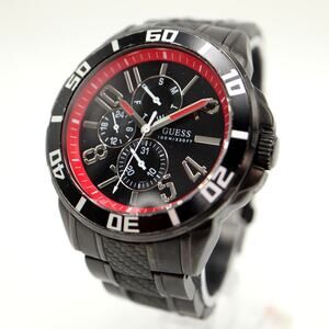 Guess Waterpro Mens Day Date Black Red 44mm Watch Stainless Steel w New Battery